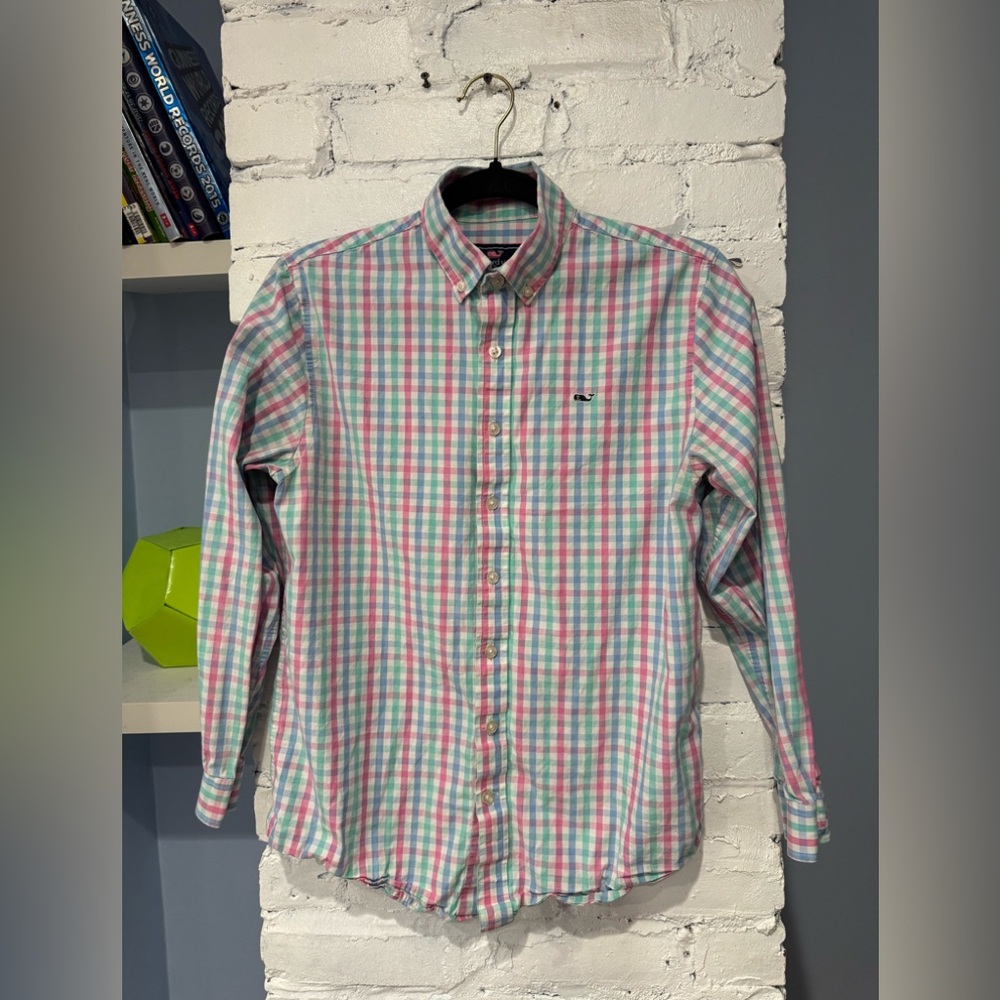 Vineyard Vines Shirt Youth L‎ Boys Blue Pink Checkered Button Up Long Sleeve